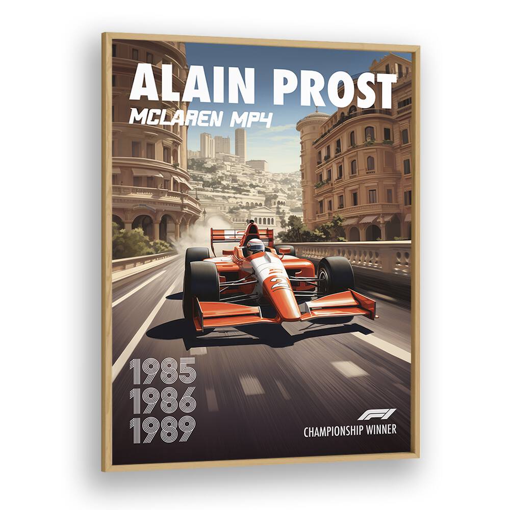 f1-alain prost-mclaren mp4 car poster in Oak Wood Plain Frame