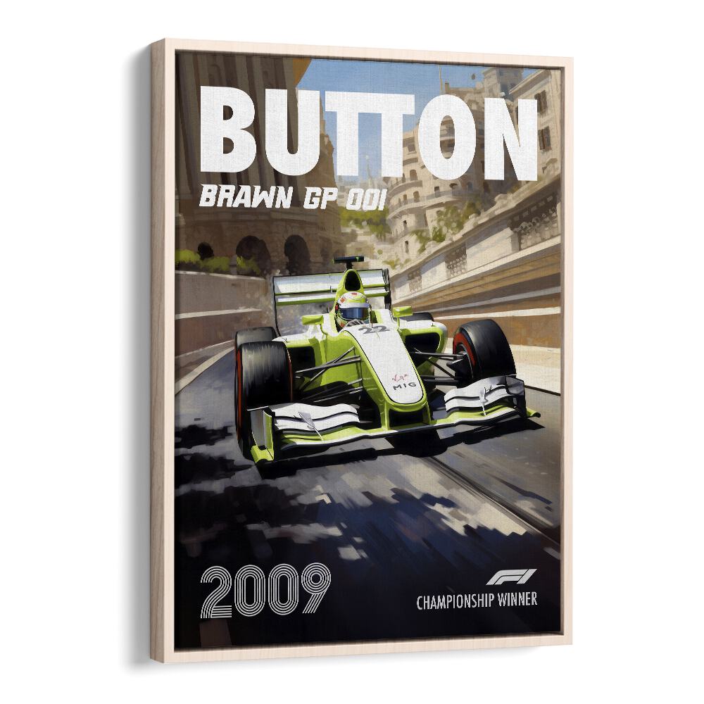 f1-button-brawn gp 001 car poster in Oak Wood Floater Frame