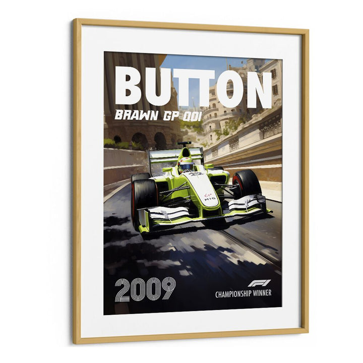 f1-button-brawn gp 001 car poster in Oak Wood Frame With Mount