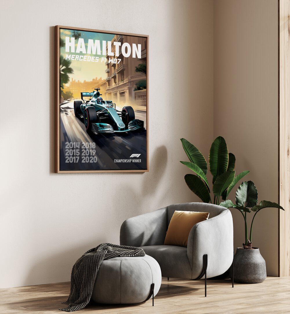 f1-hamilton mercedes f1 w07 car poster Artwork II placed on a Wall 