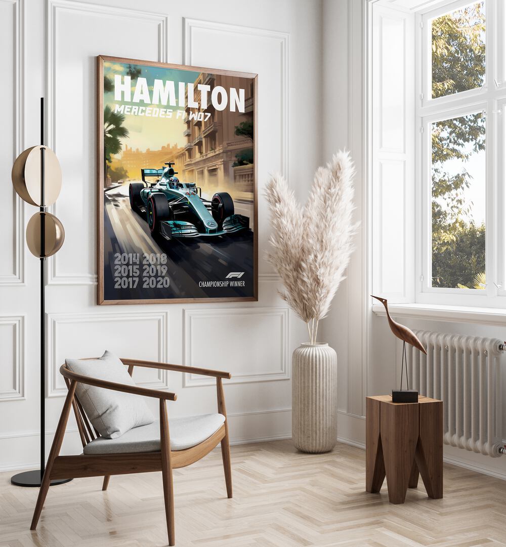 f1-hamilton mercedes f1 w07 car poster Artwork III placed on a Wall 