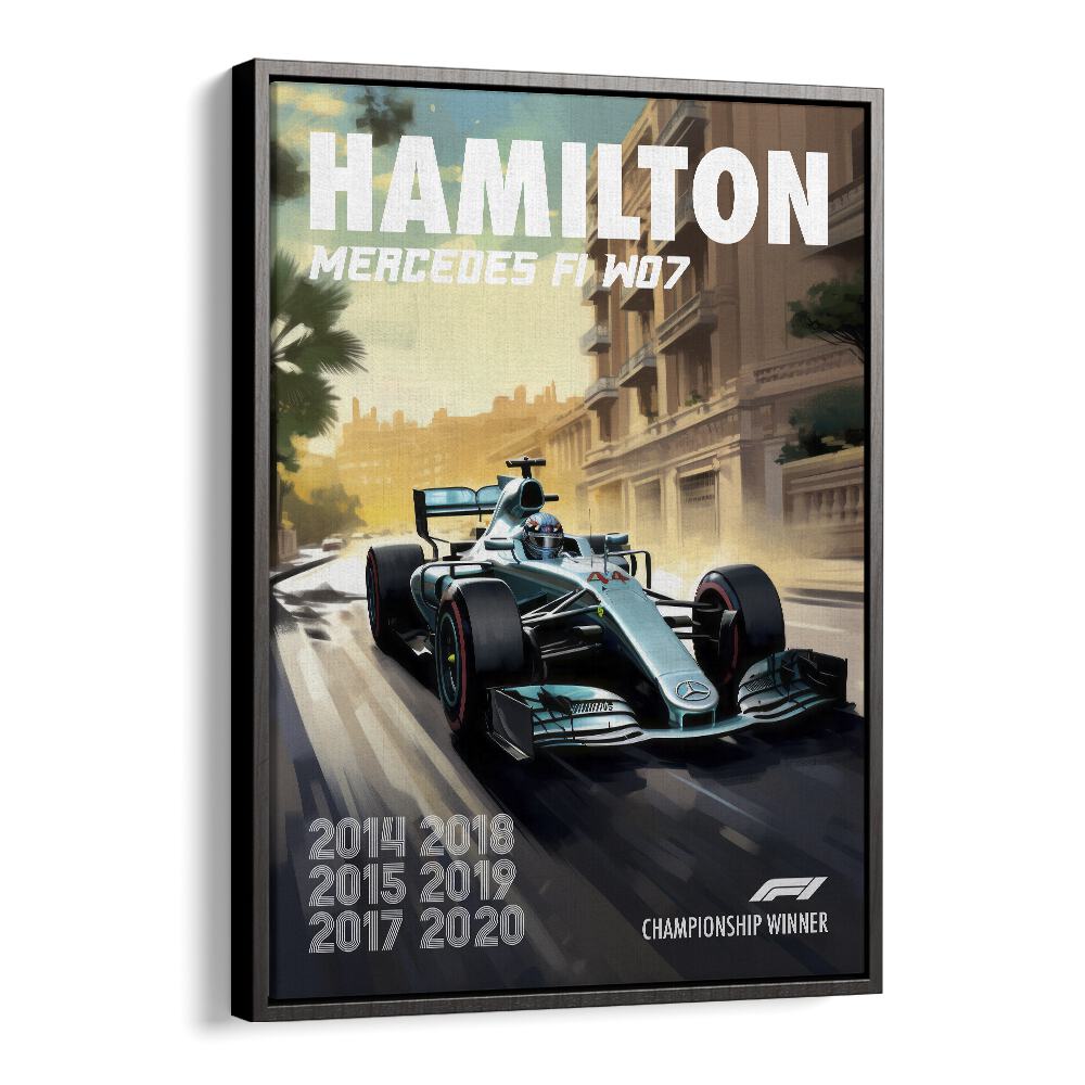 f1-hamilton mercedes f1 w07 car poster in Black Floater Frame