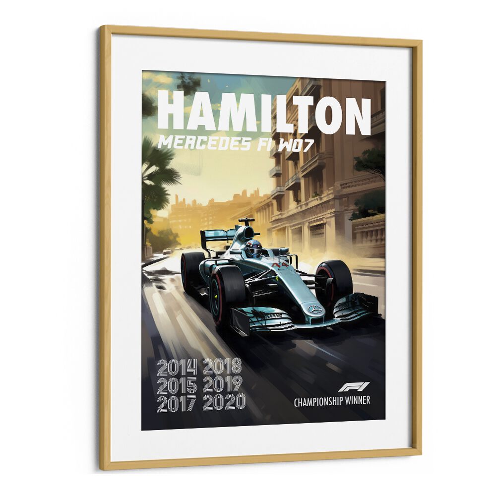 f1-hamilton mercedes f1 w07 car poster in Oak Wood Frame With Mount