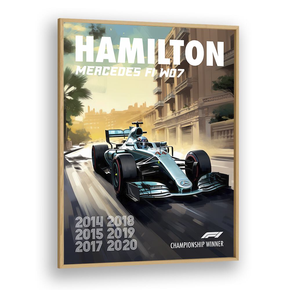 f1-hamilton mercedes f1 w07 car poster in Oak Wood Plain Frame