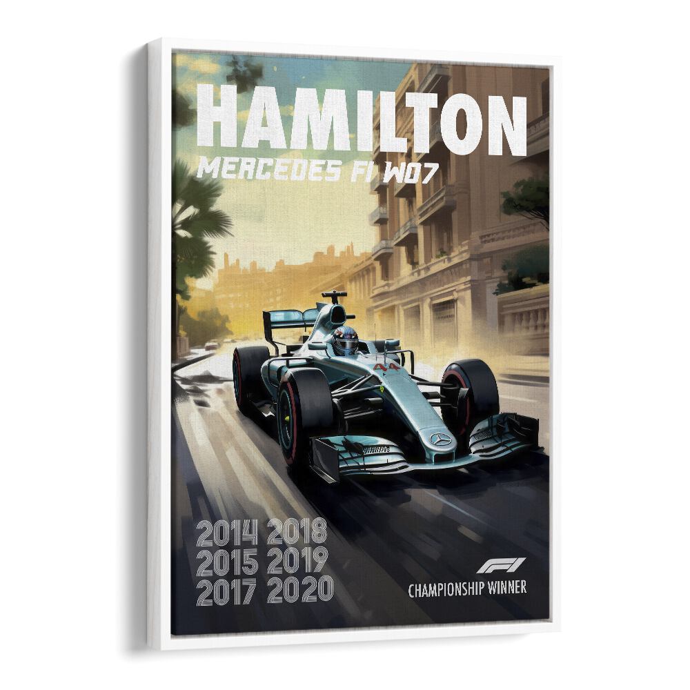 f1-hamilton mercedes f1 w07 car poster in White Floater Frame