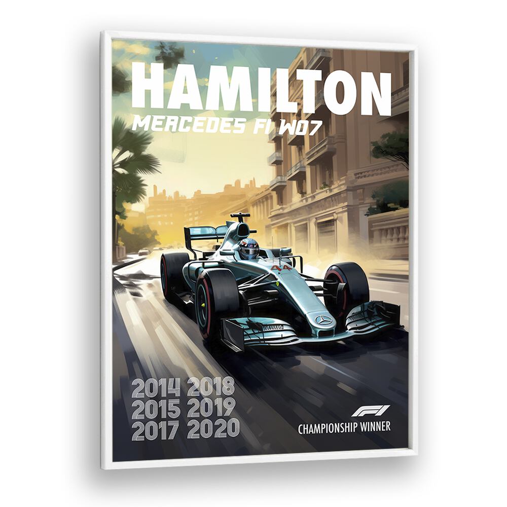 f1-hamilton mercedes f1 w07 car poster in White Plain Frame