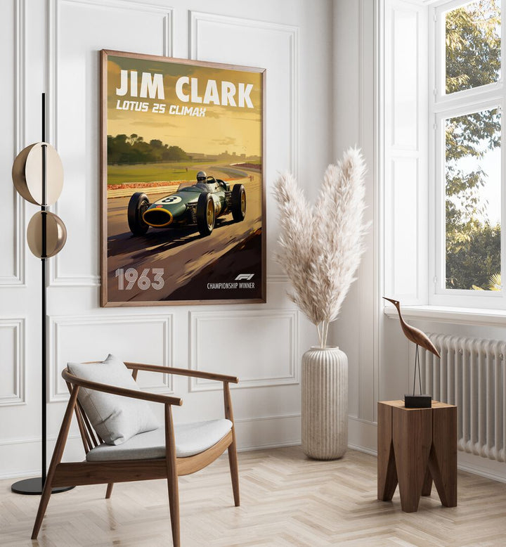 f1-jim clark-lotus 25 climax car poster Artwork II placed on a Wall 