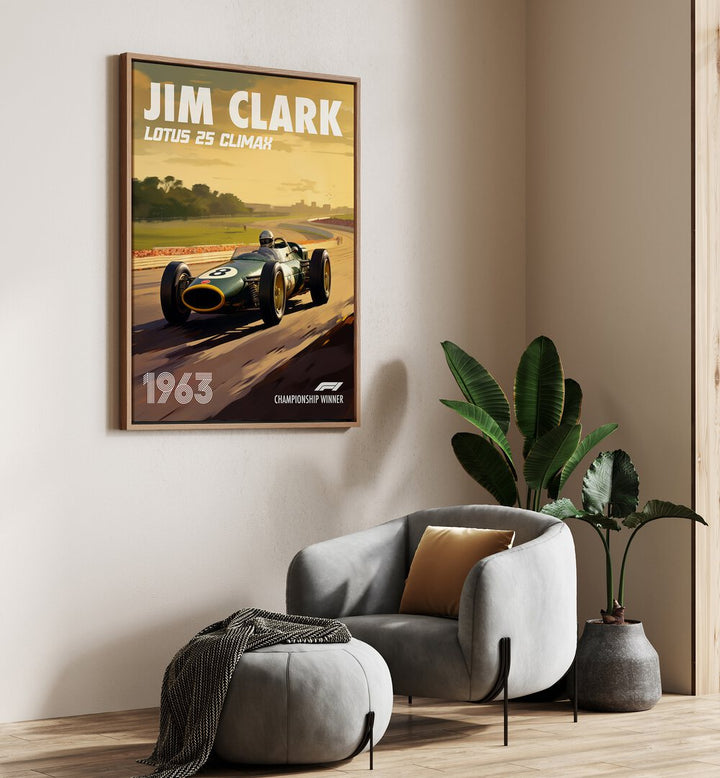 f1-jim clark-lotus 25 climax car poster Artwork III placed on a Wall 