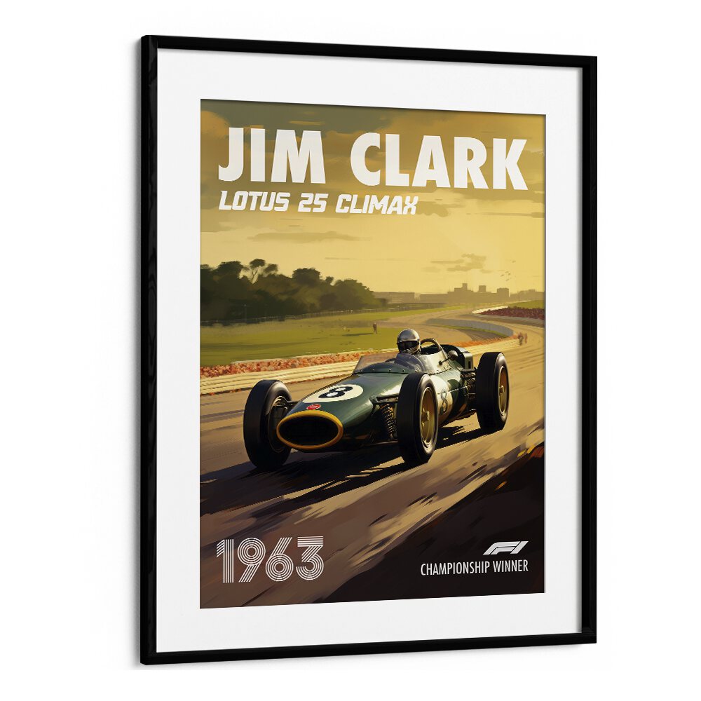 f1-jim clark-lotus 25 climax car poster in Black Frame With Mount