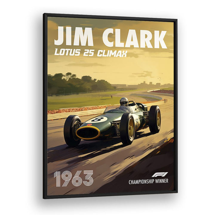 f1-jim clark-lotus 25 climax car poster in Black Plain Frame