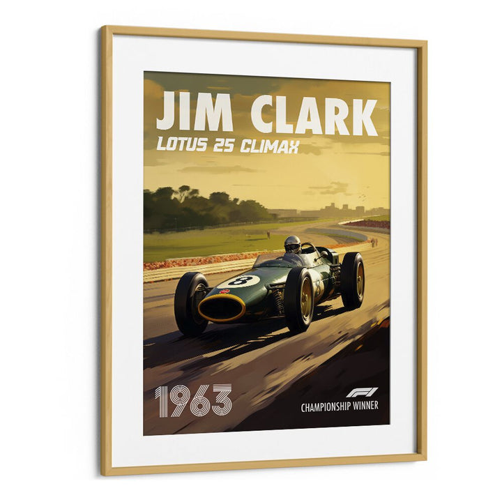 f1-jim clark-lotus 25 climax car poster in Oak Wood Frame With Mount