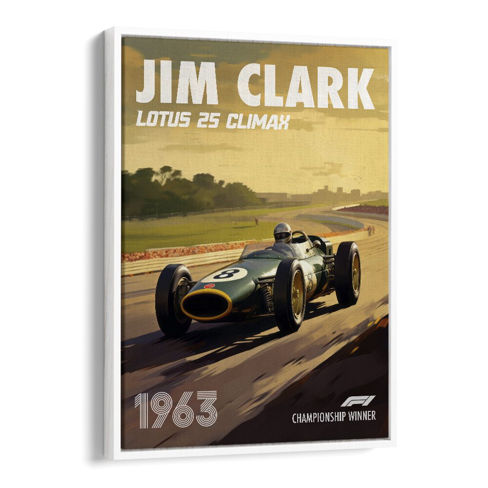 f1-jim clark-lotus 25 climax car poster in White Floater Frame