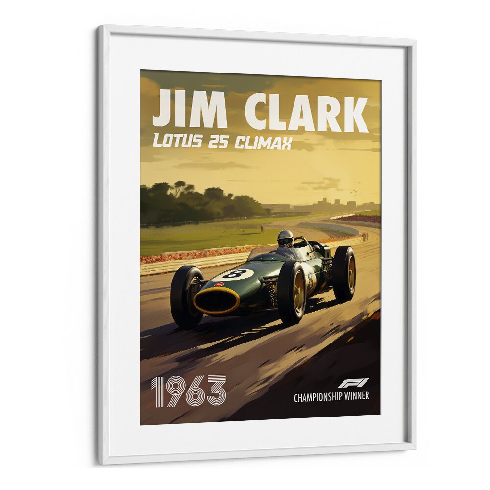 f1-jim clark-lotus 25 climax car poster in White Frame With Mount