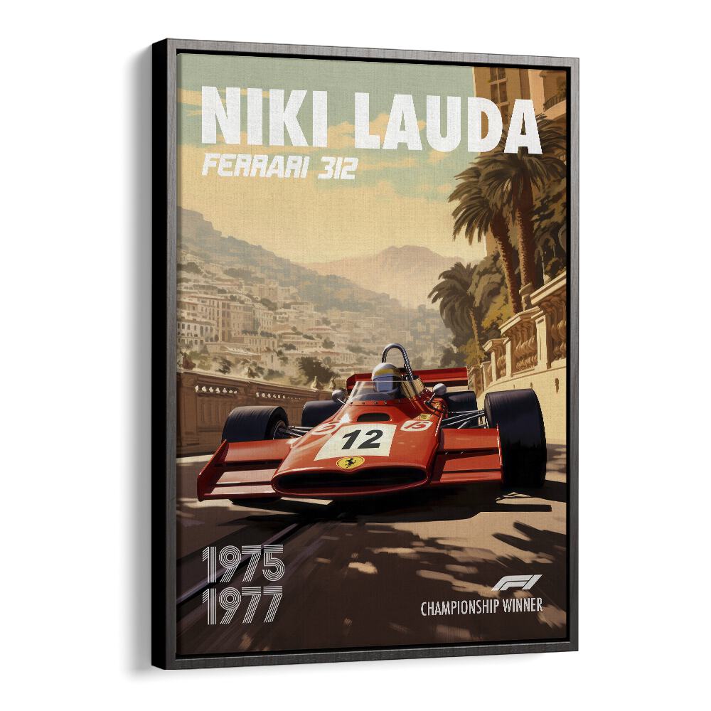 f1-niki lauda-ferrari 312 car poster in Black Floater Frame