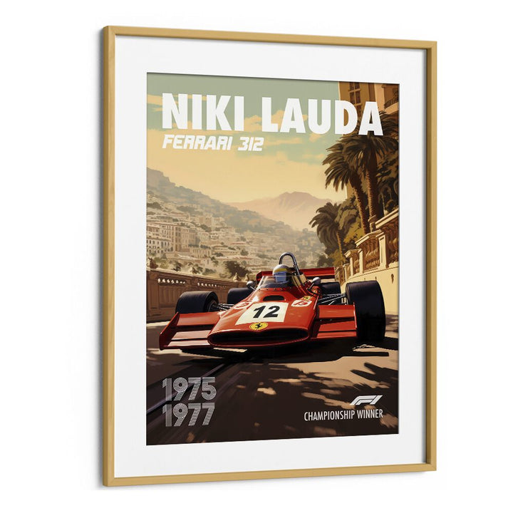 f1-niki lauda-ferrari 312 car poster in Oak Wood Frame With Mount