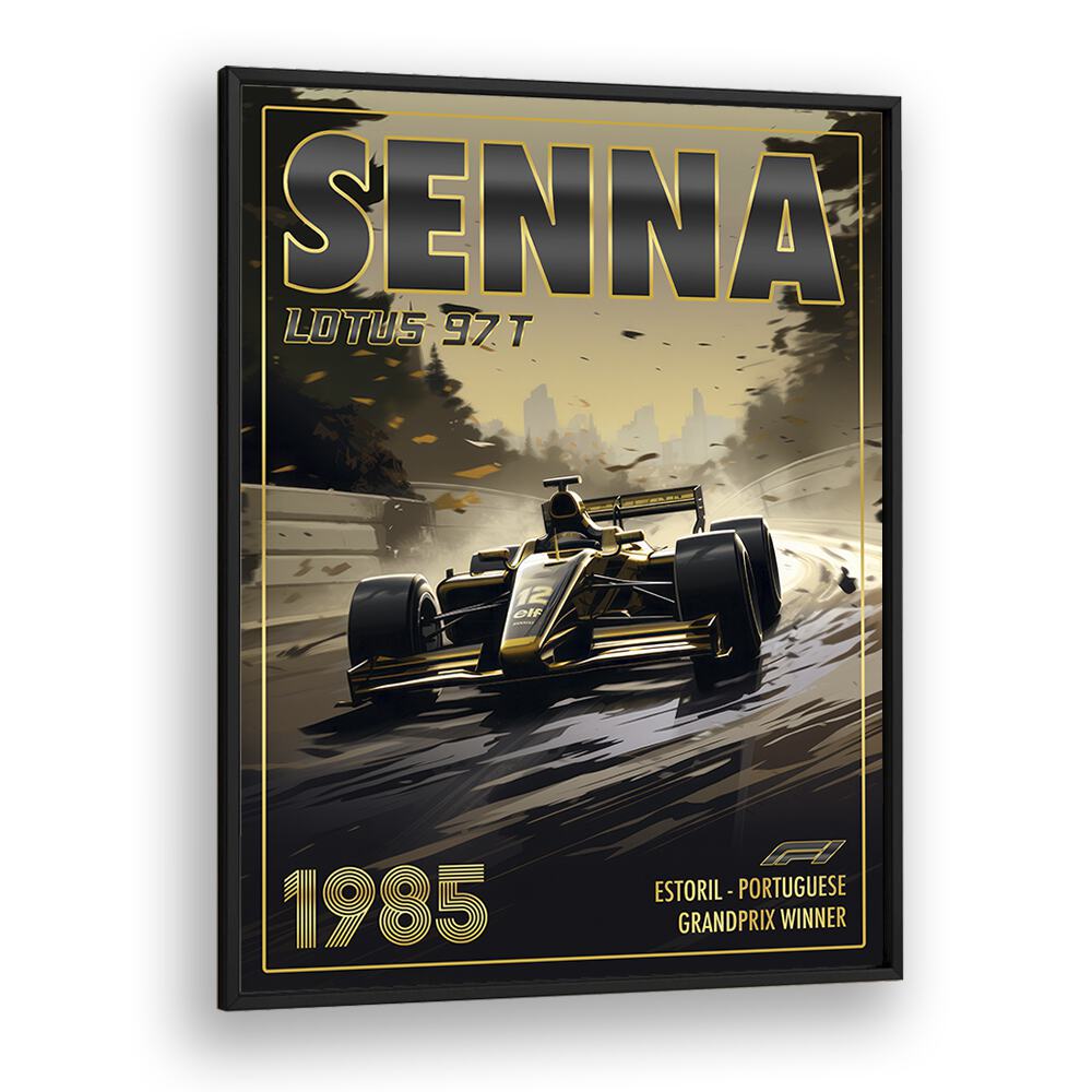 f1-senna-lotus 97t car poster in Black Plain Frame