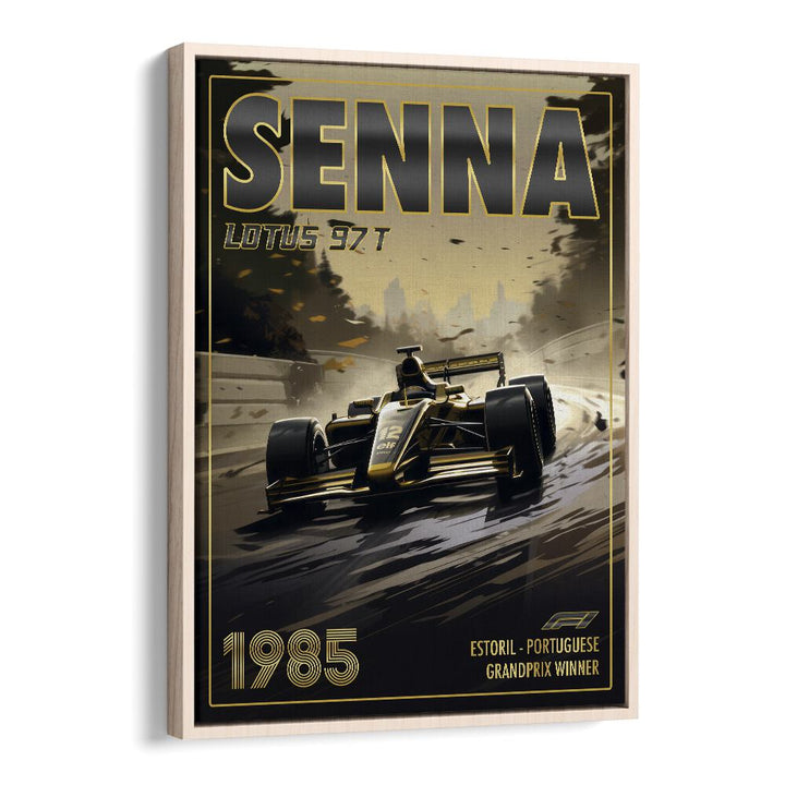 f1-senna-lotus 97t car poster in Oak Wood Floater Frame