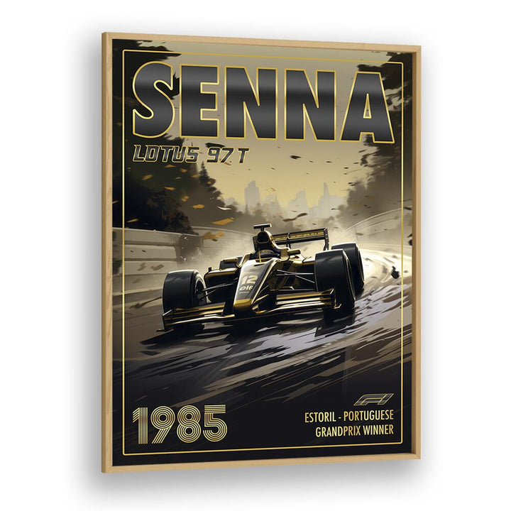 f1-senna-lotus 97t car poster in Oak Wood Plain Frame