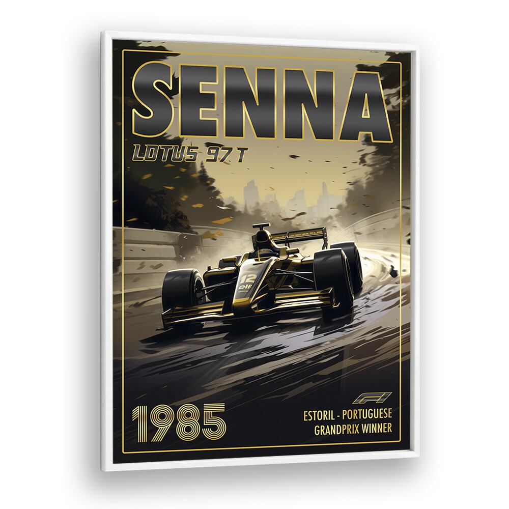 f1-senna-lotus 97t car poster in White Plain Frame