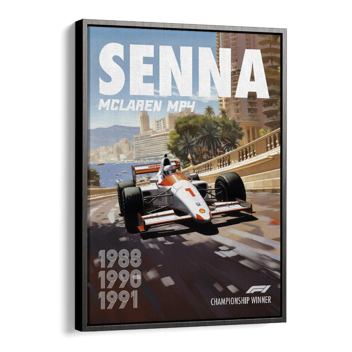 f1-senna-mclaren mp4 car poster in Black Floater Frame