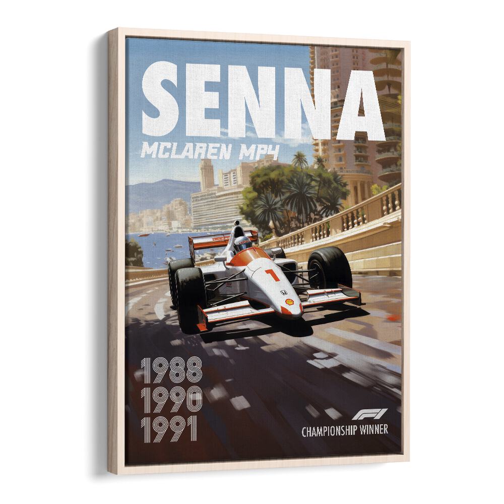 f1-senna-mclaren mp4 car poster in Oak Wood Floater Frame