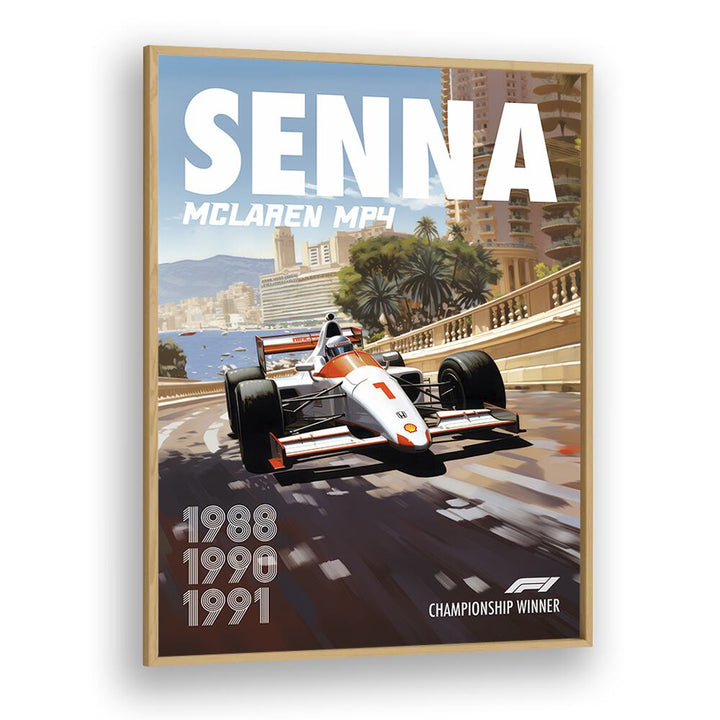 f1-senna-mclaren mp4 car poster in Oak Wood Plain Frame