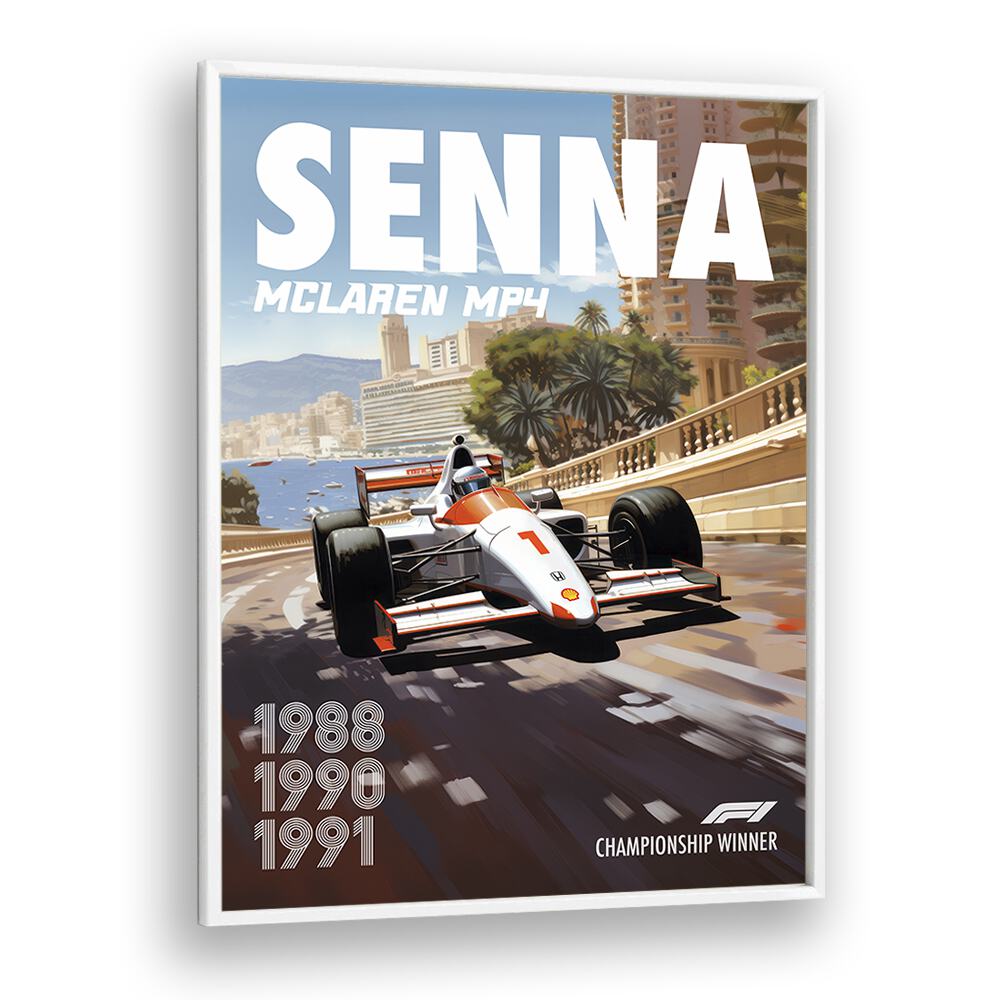 f1-senna-mclaren mp4 car poster in White Plain Frame