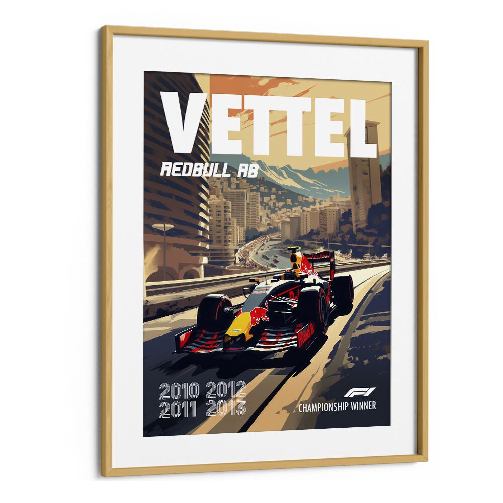 f1-vettel-redbull rb car poster in Oak Wood Frame With Mount