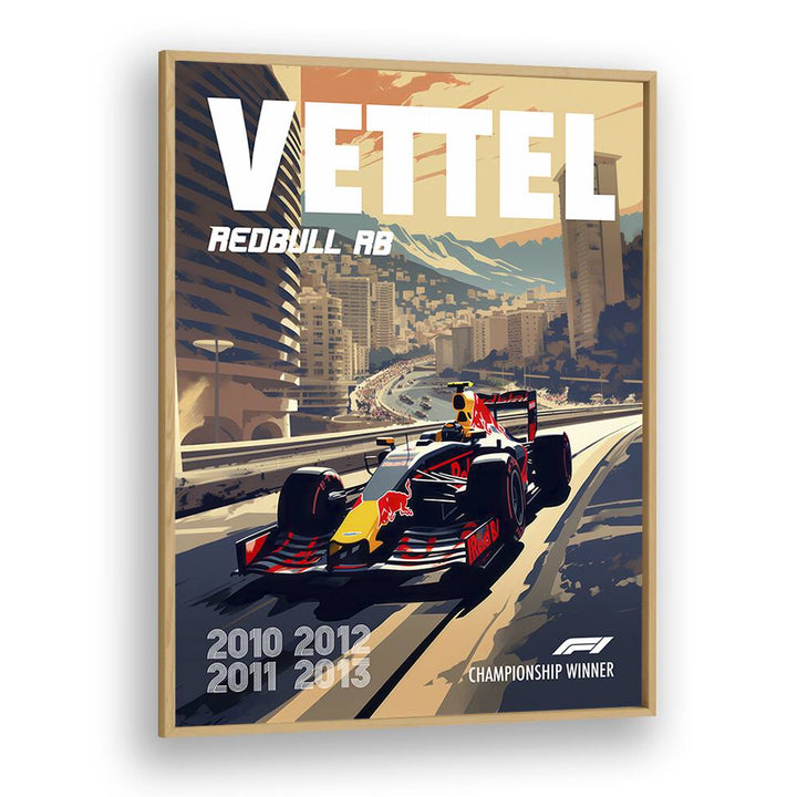 f1-vettel-redbull rb car poster in Oak Wood Plain Frame