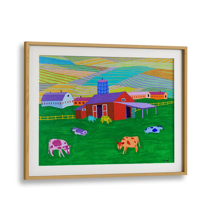 farm landscape art prints in Oak Wood Frame With Mount