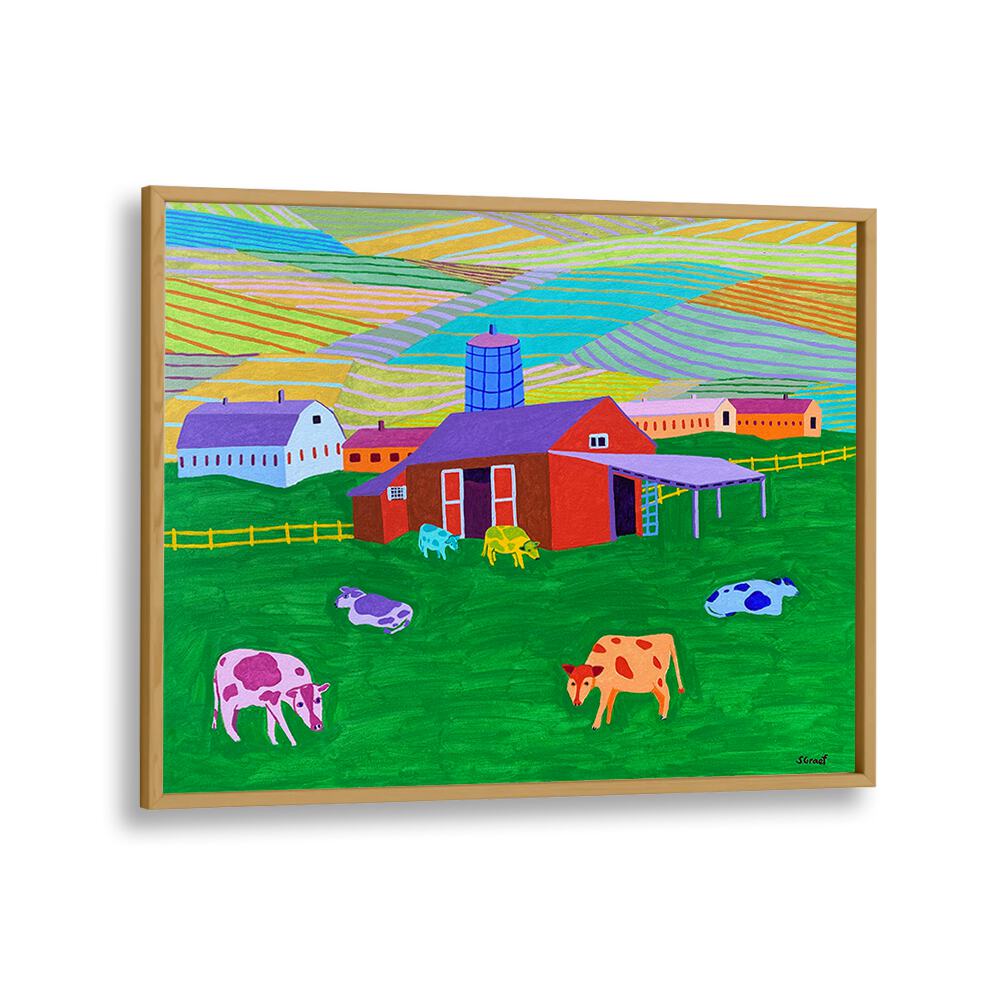farm landscape art prints in Oak Wood Plain Frame