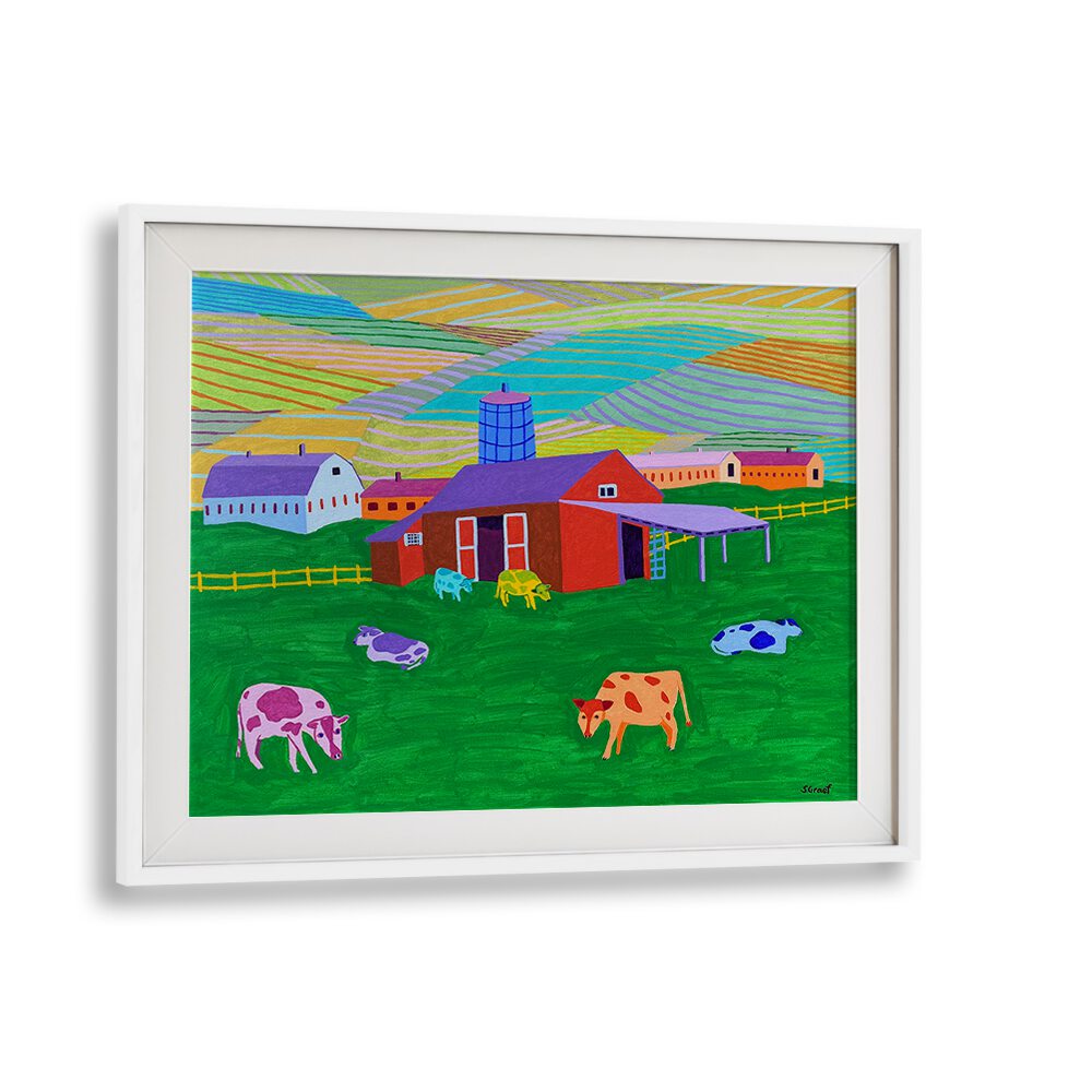 farm landscape art prints in White Frame With Mount