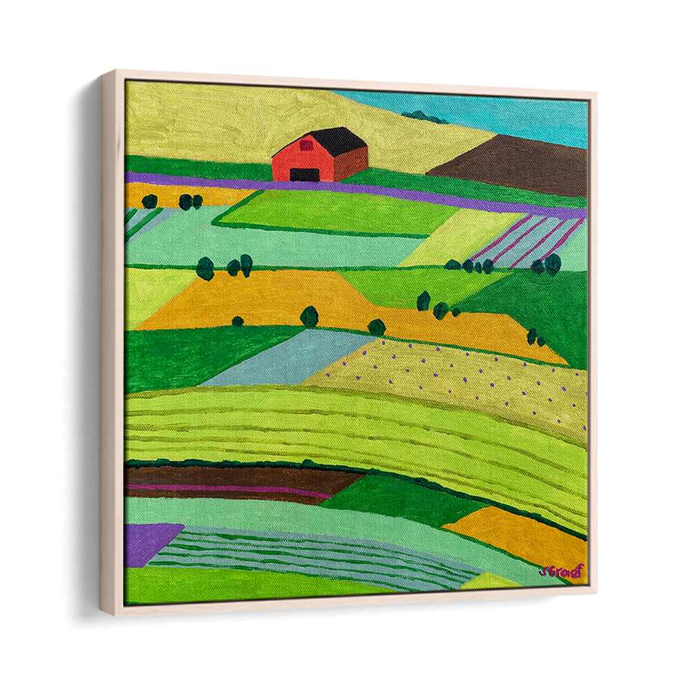 farmland one landscape art prints in Oak Wood Floater Frame