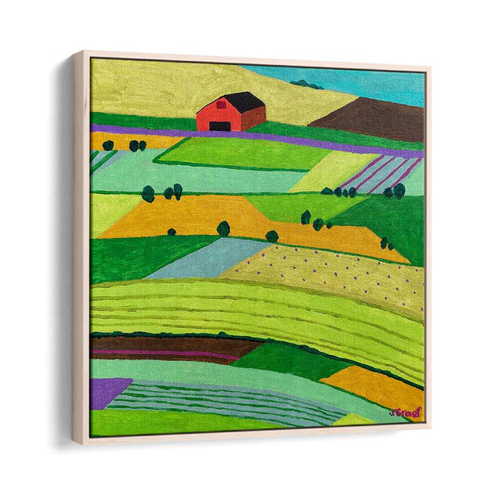 farmland one landscape art prints in Oak Wood Floater Frame