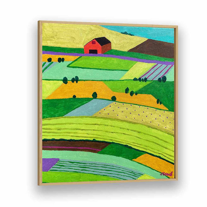 farmland one landscape art prints in Oak Wood Plain Frame
