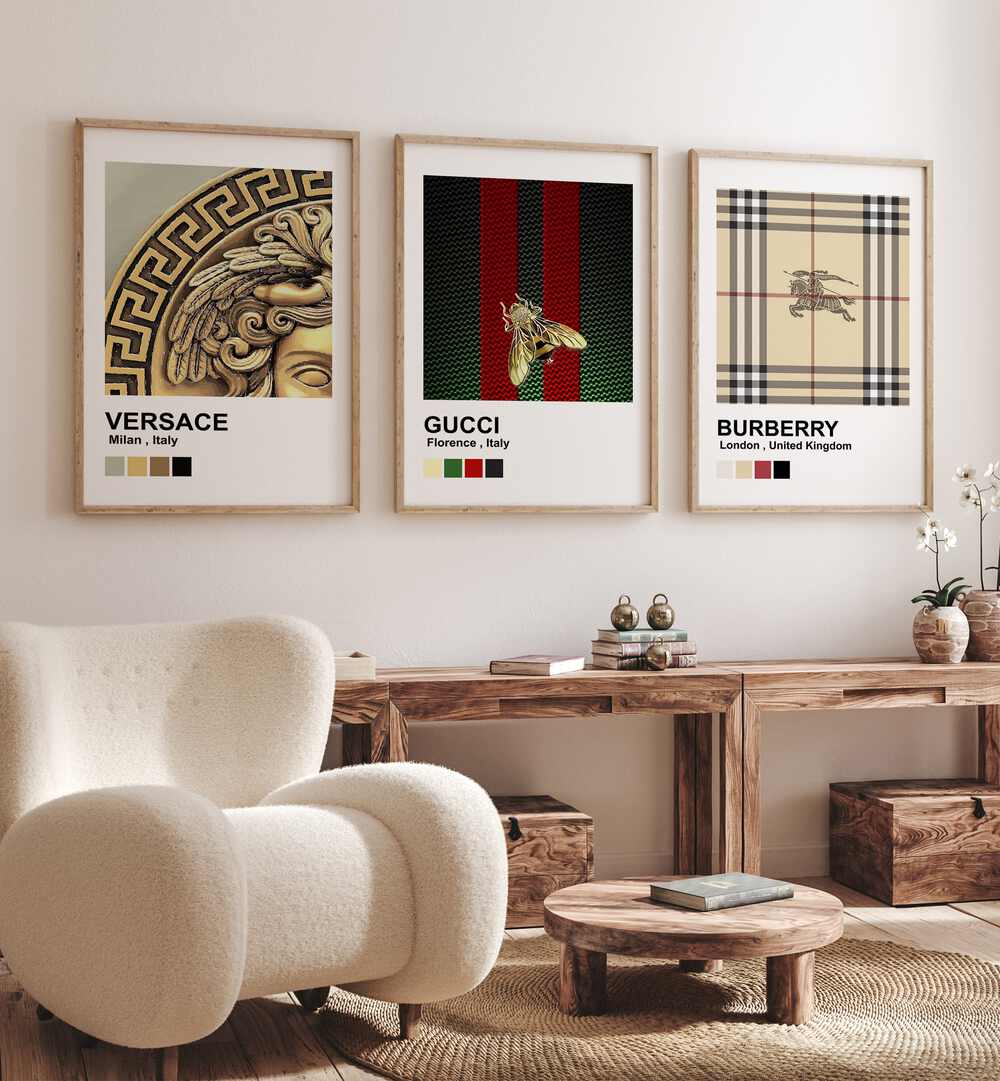 FASHION BRANDS SET, SET OF 3 PAINTINGS showcasing Versace, Gucci, and Burberry for a luxurious home decor.