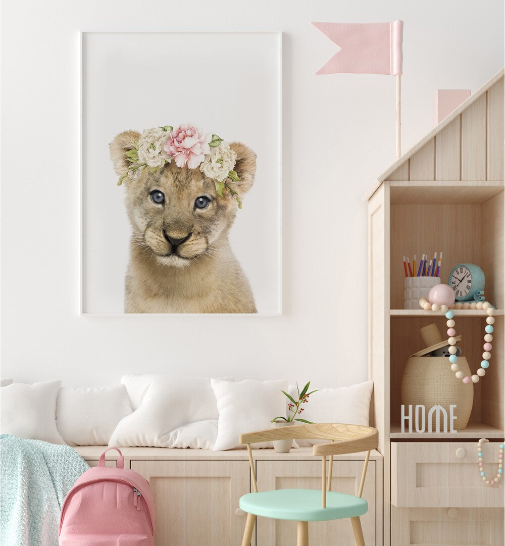 ffloral baby lion by lola peacock kids room paintings Artwork II placed on a wall