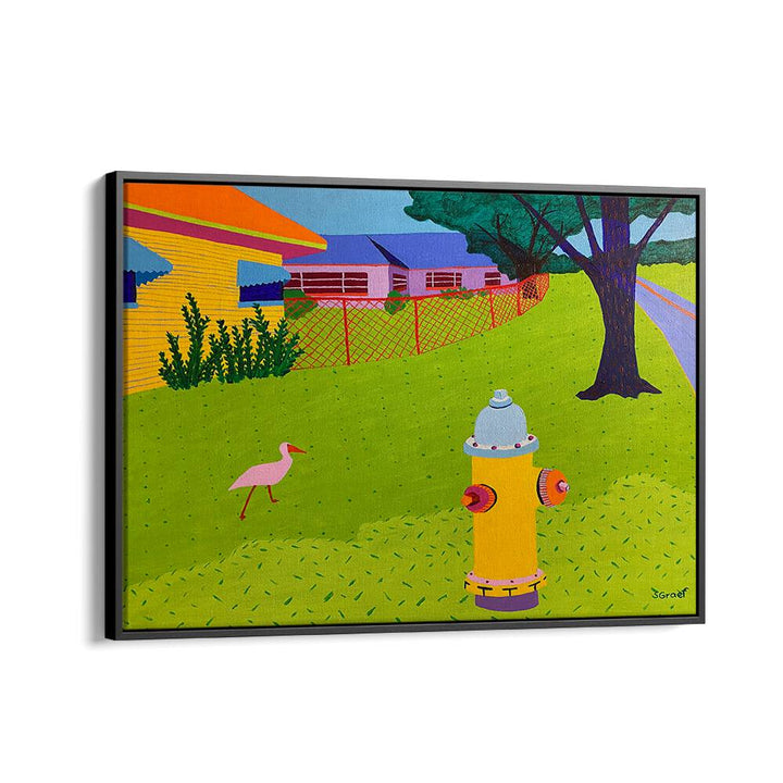 fire hydrant and bird landscape art prints in Black Floater Frame