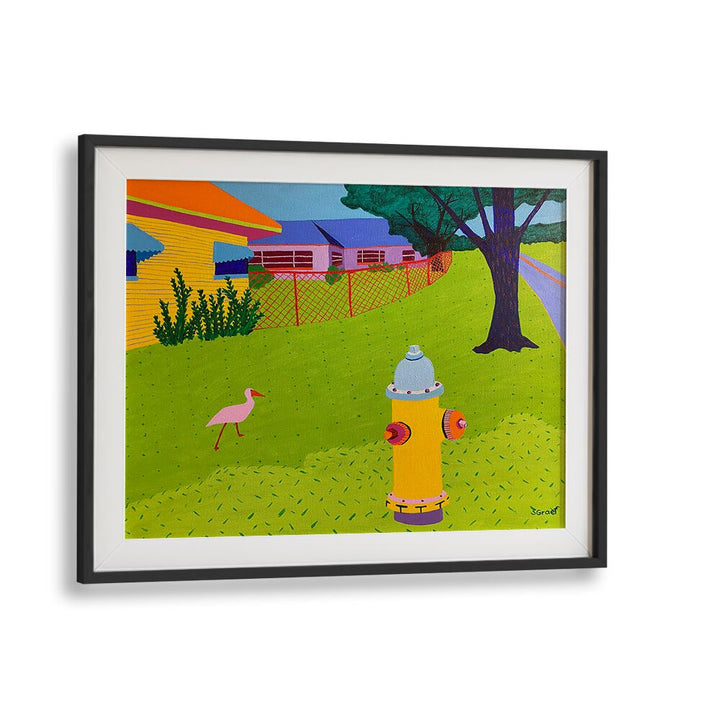 fire hydrant and bird landscape art prints in Black Frame With Mount