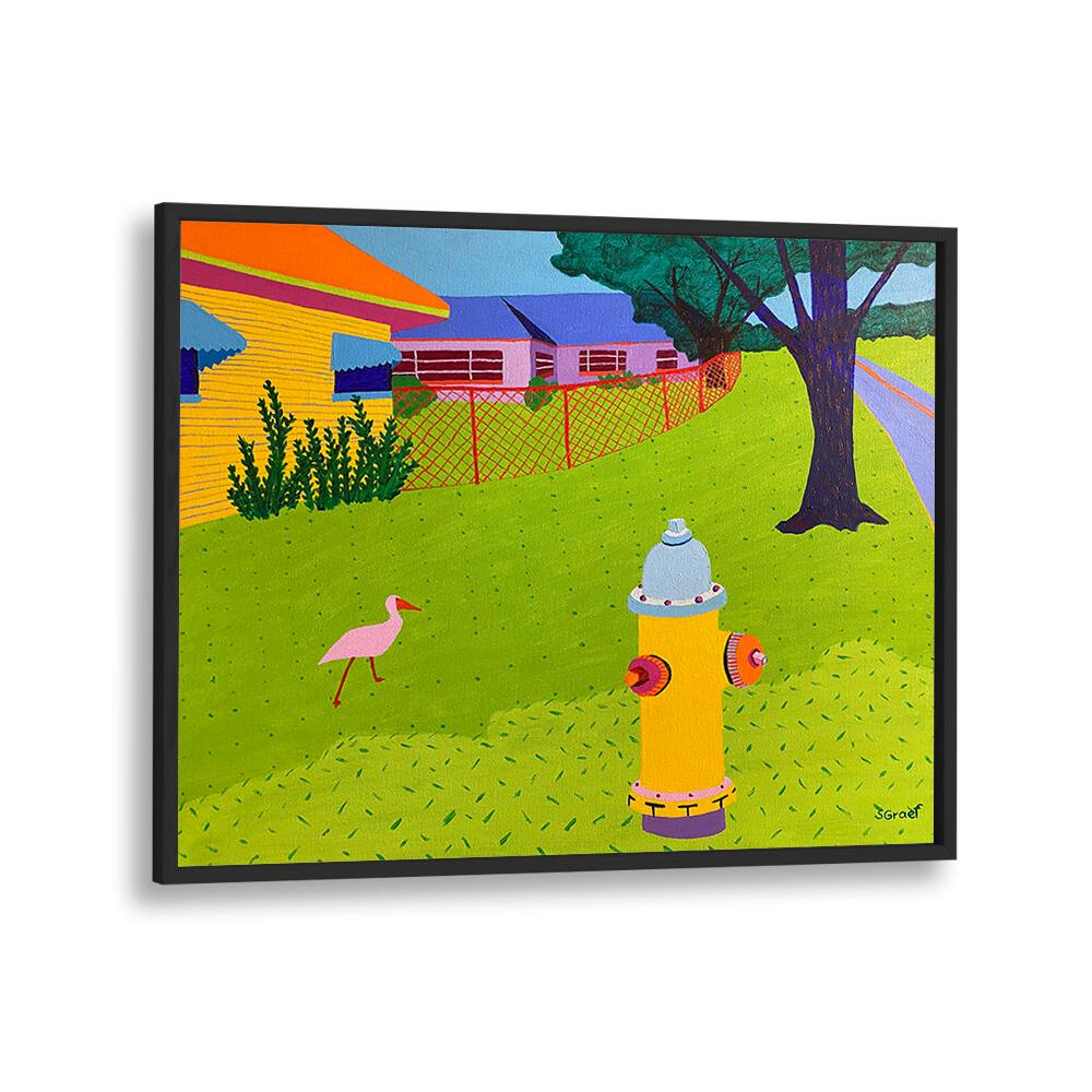 fire hydrant and bird landscape art prints in Black Plain Frame
