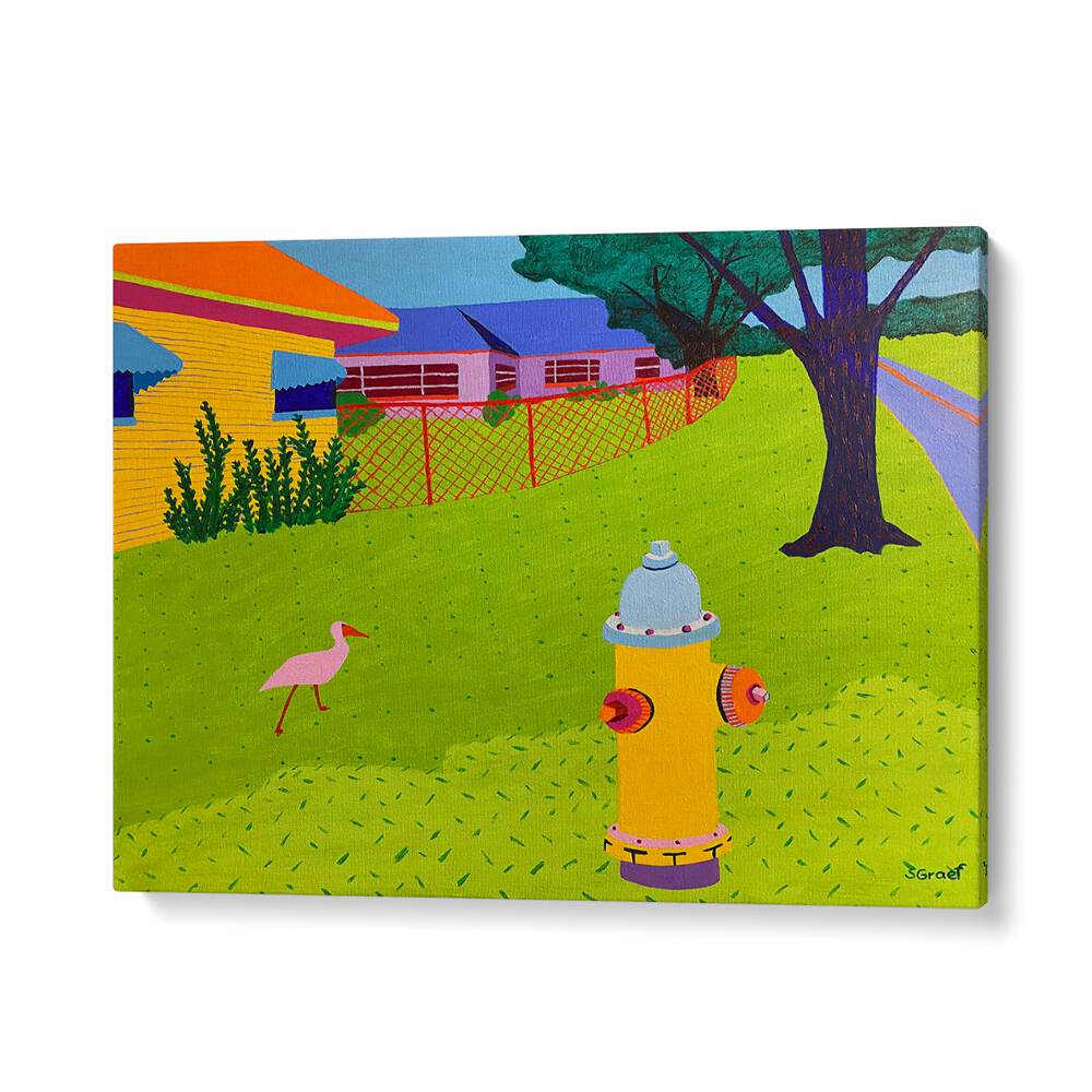 fire hydrant and bird landscape art prints in Gallery Wrap