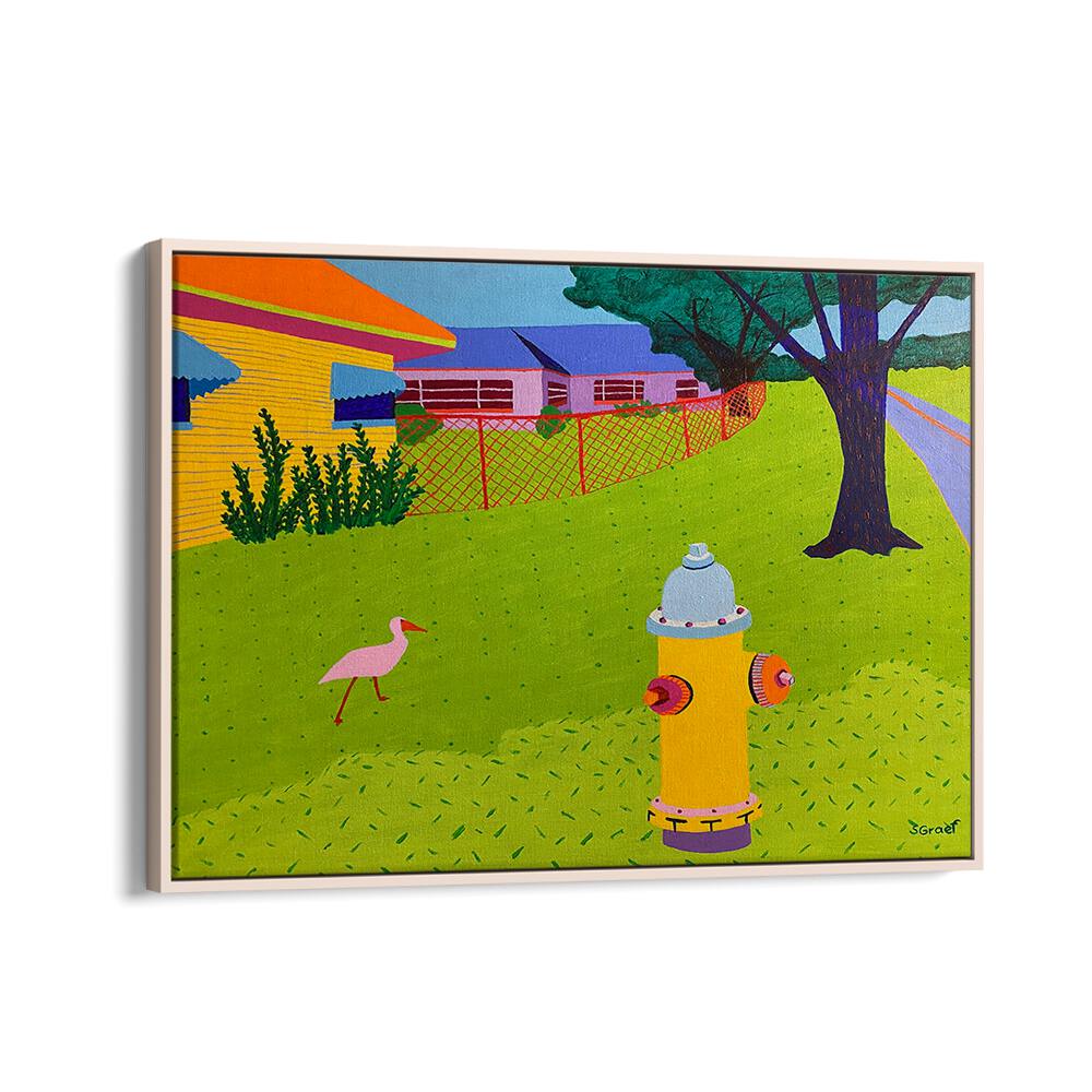 fire hydrant and bird landscape art prints in Oak Wood Floater Frame