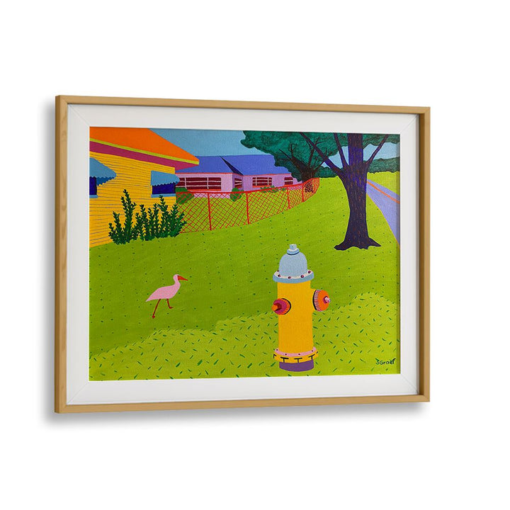 fire hydrant and bird landscape art prints in Oak Wood Frame With Mount