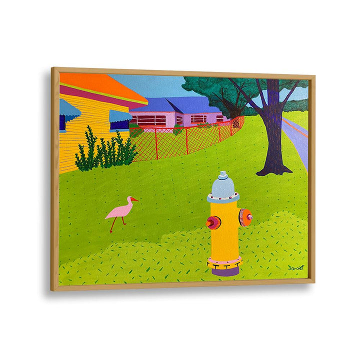 fire hydrant and bird landscape art prints in Oak Wood Plain Frame