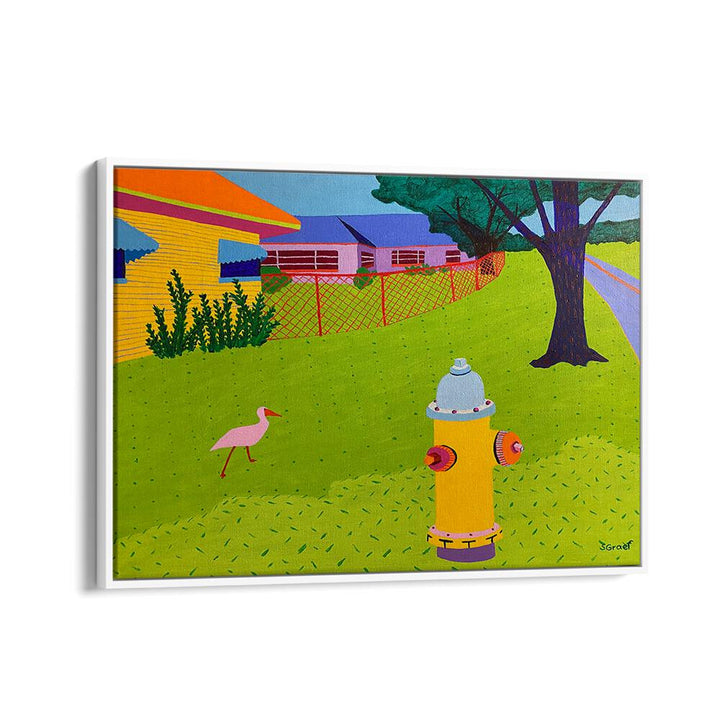 fire hydrant and bird landscape art prints in White Floater Frame