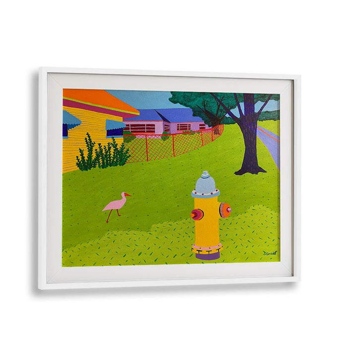 fire hydrant and bird landscape art prints in White Frame With Mount