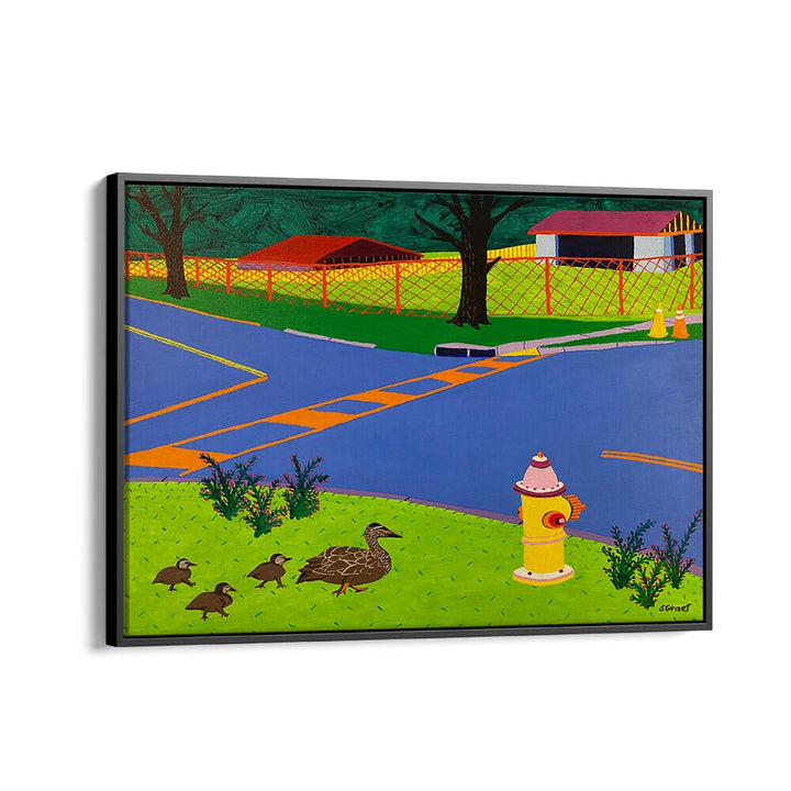 fire hydrant and ducks landscape art prints in Black Floater Frame