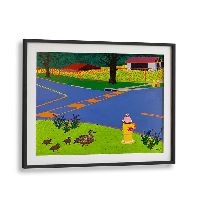 fire hydrant and ducks landscape art prints in Black Frame With Mount
