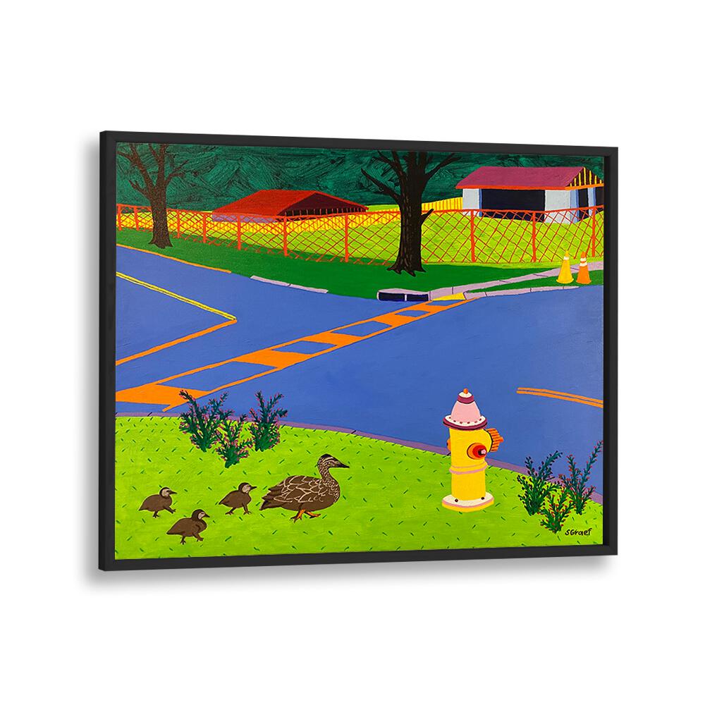 fire hydrant and ducks landscape art prints in Black Plain Frame