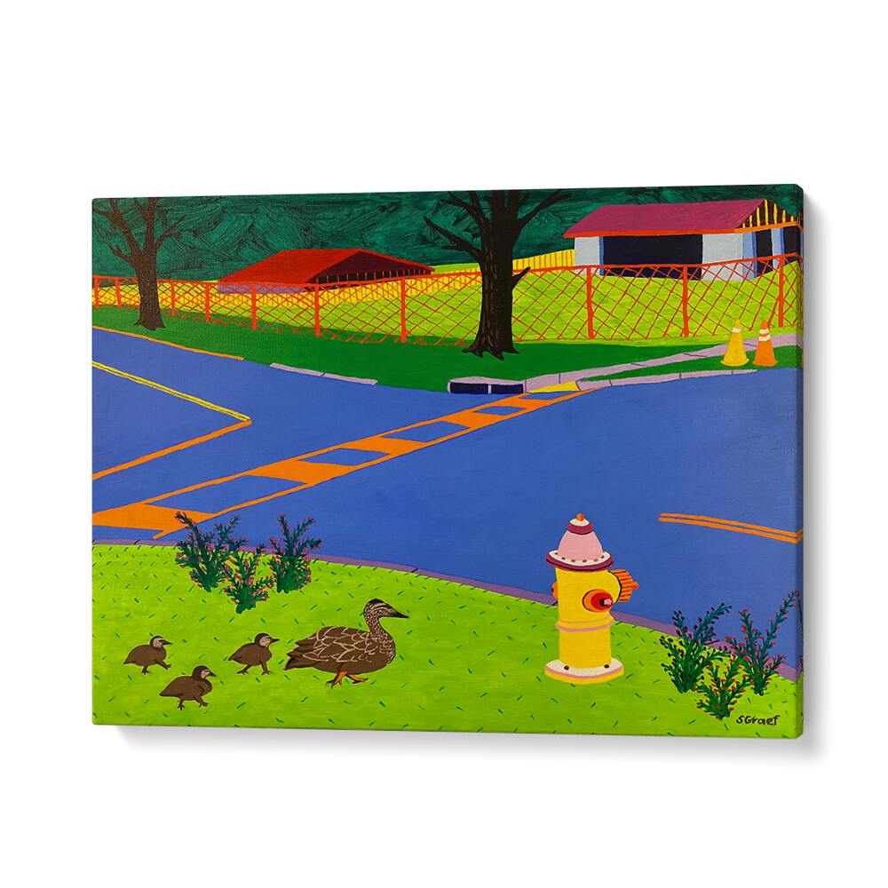fire hydrant and ducks landscape art prints in Gallery Wrap